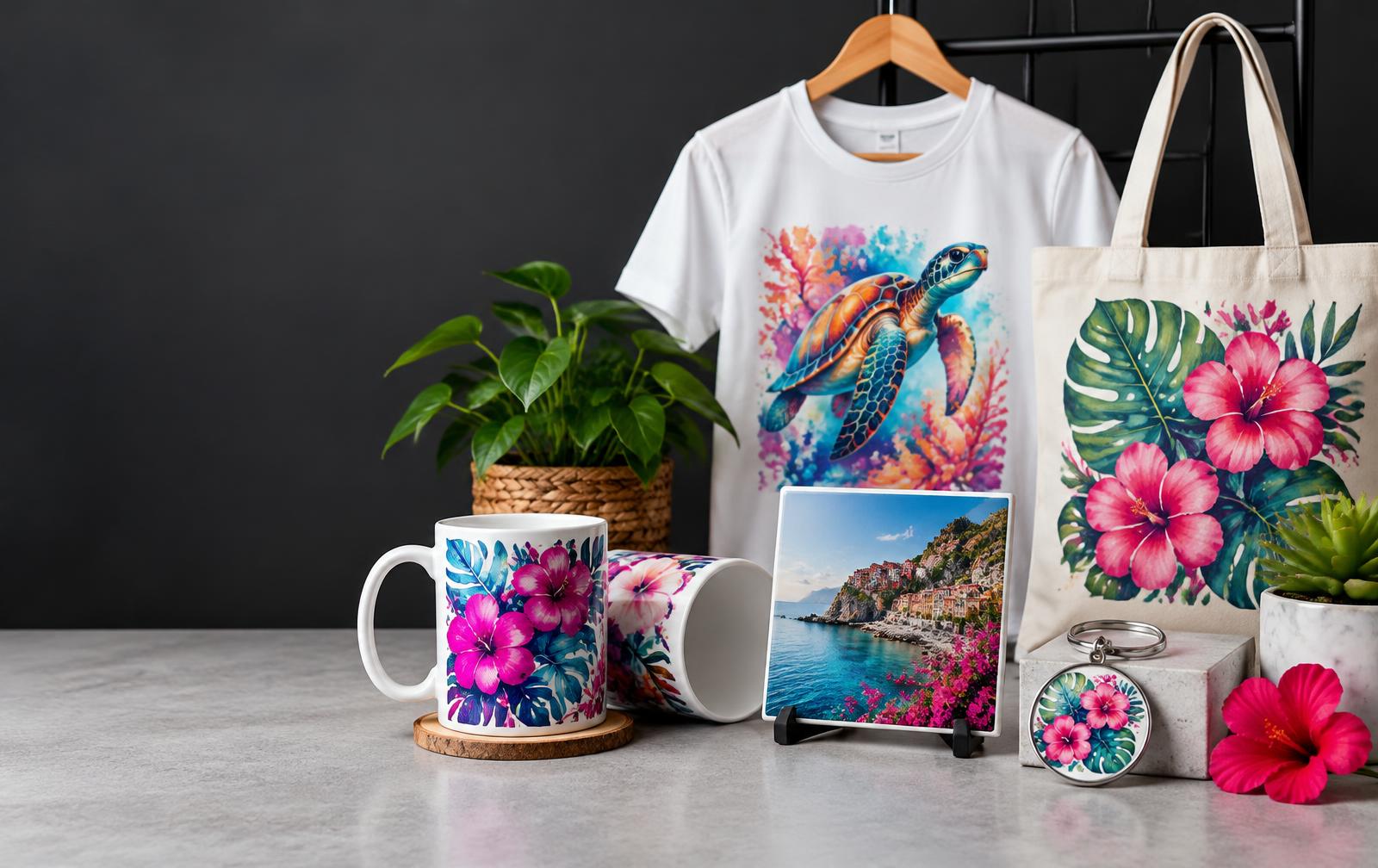 Exemplos ilustrativos de brindes e têxteis personalizados